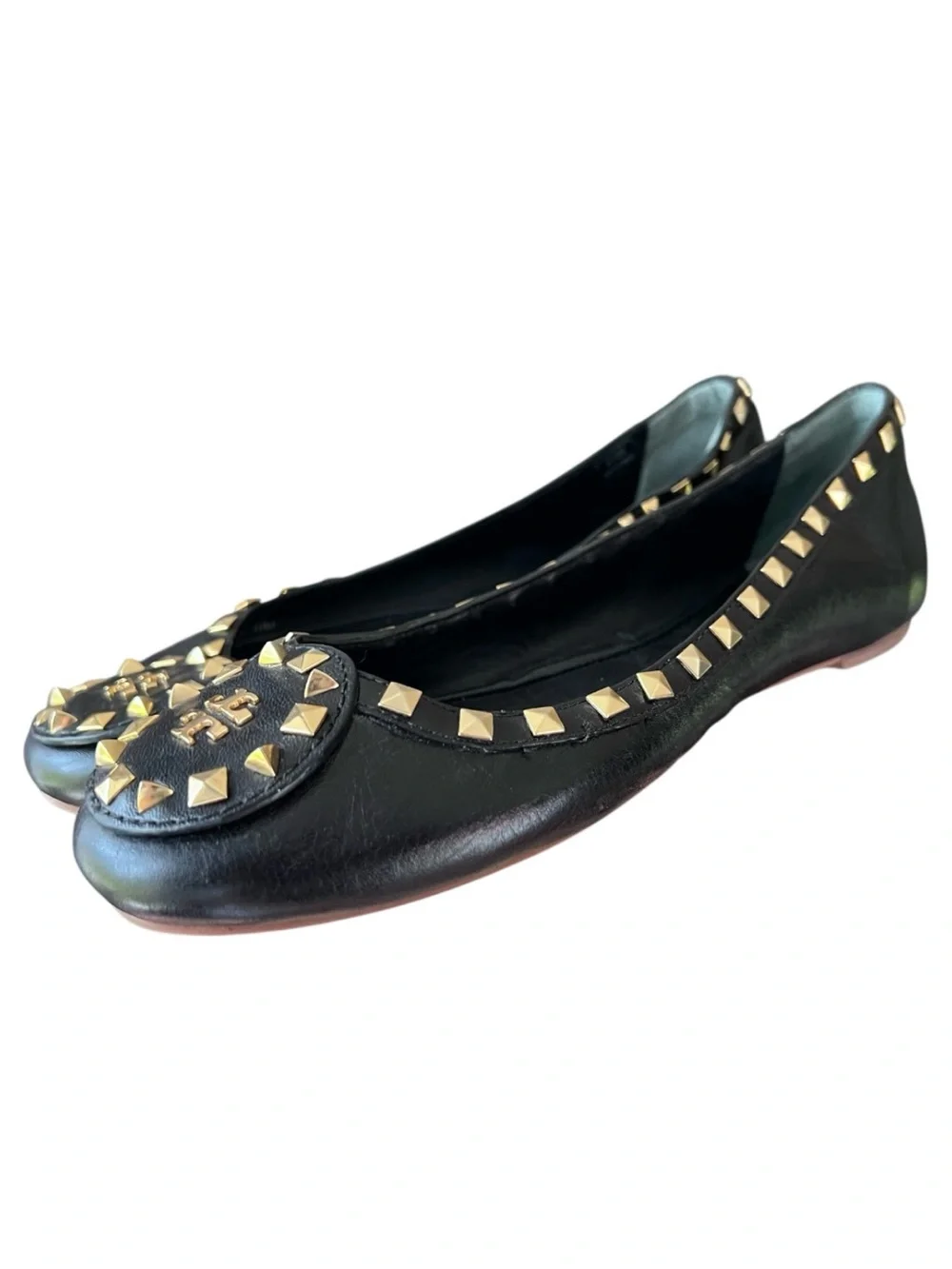 Tory Burch Dale Gold Studded Black Leather Ballet Flats Size 10